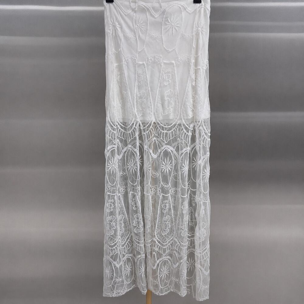 Windsor White Lace Maxi 2 Slit Skirt Boho Sheer Embroidered Festival Resort Chic